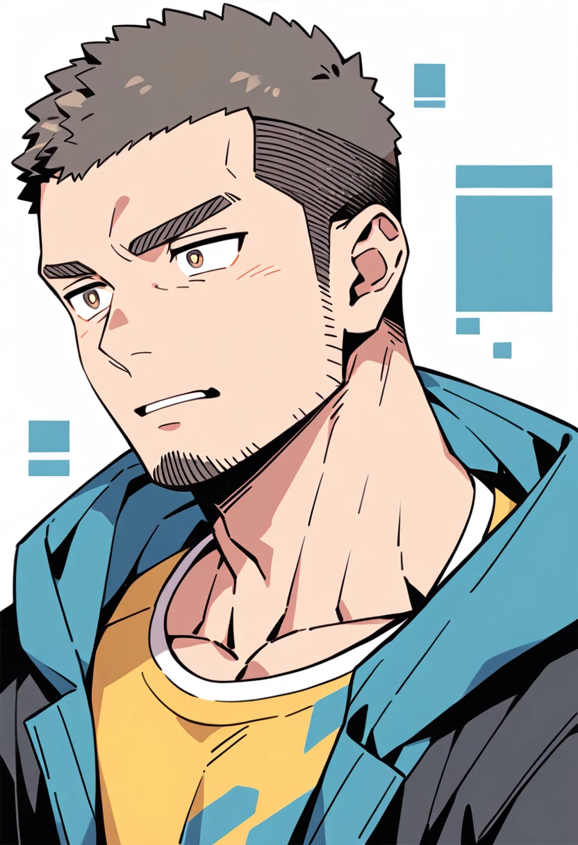 anime characters：Priapus, Muscle Sports Student, Buzz Cut, Manliness, male focus, Sports tight hooded sweatshirt, Very tight, full and perky chest muscles, muscular male, muscular, only, Upper body, alone, Black short hair, Thick eyebrows, stubble, Brown-red pupils, White background, simple background, amazing quality, best aesthetics, Ridiculous, crew cut, parted lips, flustered, endured face, negative space, best quality