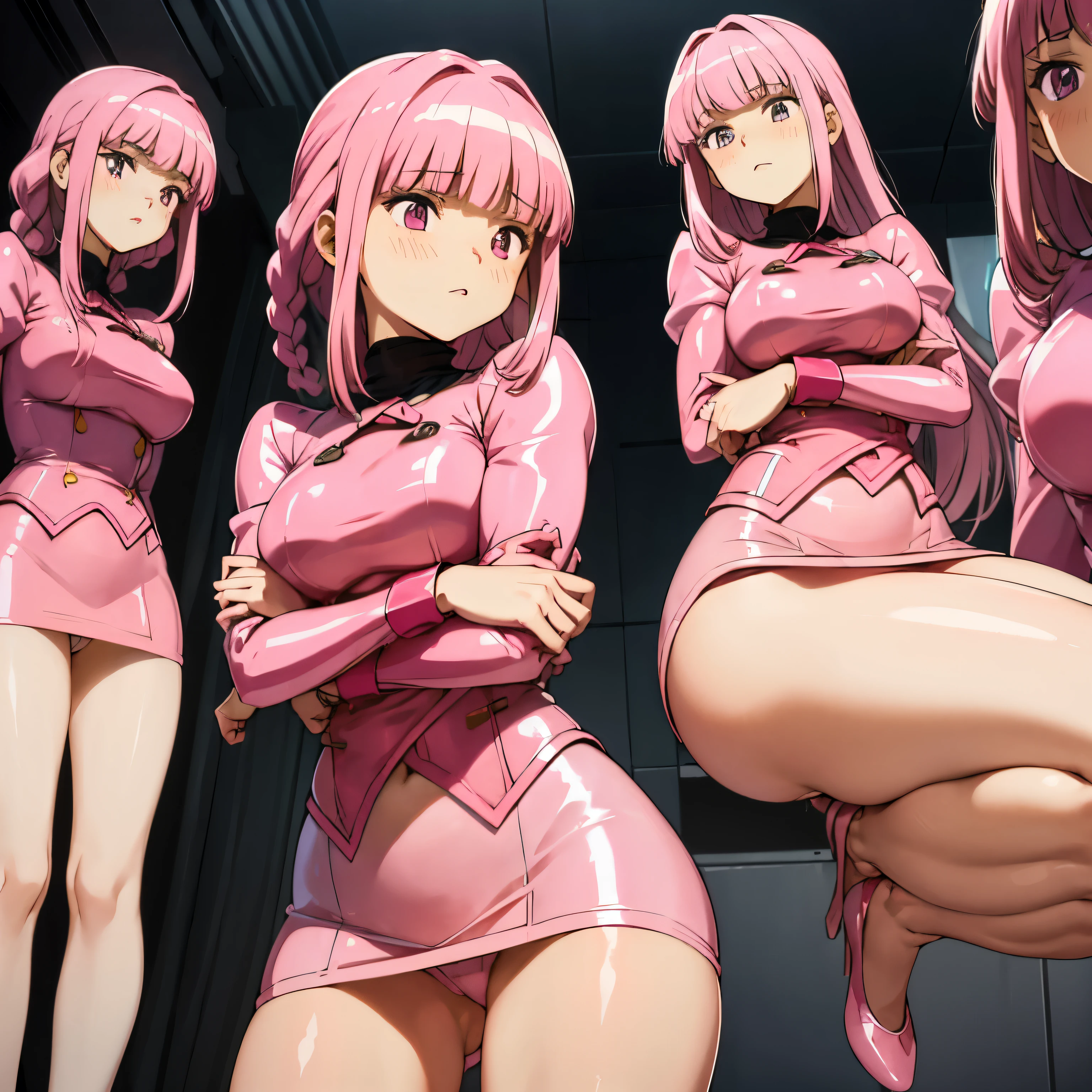 ultra-detailed, Explicit, Beautiful body, Beautiful Nose, Beautiful character design, perfect eyes, perfect face, ultra highres, 4K, beautiful legs, perfect legs, Nice hands, Perfect hand, Masterpiece, Best Quality, Highly detailed, illustration, absurdres, perfect anatomy, (((pink delmo uniform, jacket, pink latex jacket))), (((pink latex pencil skirt))), white stripes, extremely glossy latex, puffy sleeves, absurdres, highres, solo, cowboy shot, 1girl, perfect hands, wind, (highres,best_quality,masterpiece), hair ornament, small breast, tamaki_iroha_puellamagimadokamagicasidestorymagiarecord, pink_hair, pink_eyes, bangs, blunt_bangs, braid, sidelocks, blush, bow, long_hair