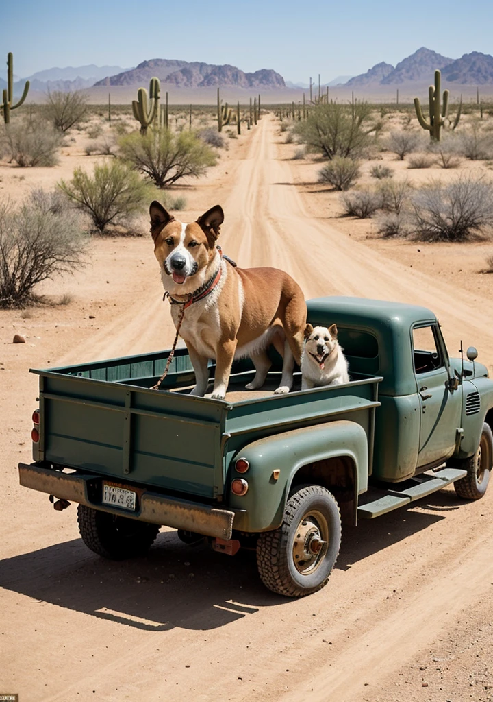 A striking image of a big dog, seemingly out of place, tied to a large, vintage long truck.His entire body is tied with ropes. The dog, appears to be staring into the distance with a mixture of curiosity and disdain. The truck itself is adorned with colorful, vintage patterns and has a small bed that barely holds the large animal. The background features a dusty, sun-soaked desert landscape, with cacti and a small, rundown town in the distance.