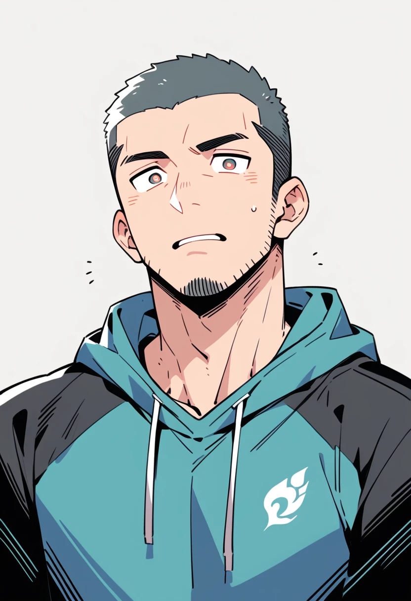 anime characters:Priapus, Muscle Sports Student, Buzz Cut, Manliness, male focus, Sports tight hooded sweatshirt, Very tight, full and perky chest muscles, muscular male, muscular, only, Upper body, alone, Black short hair, Thick eyebrows, stubble, Brown-red pupils, White background, simple background, amazing quality, best aesthetics, Ridiculous, crew cut, parted lips, flustered, endured face, negative space, best quality