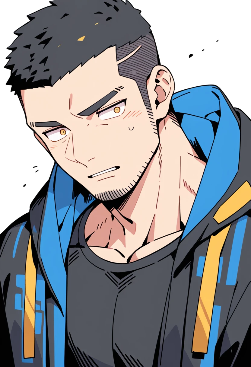 anime characters:Priapus, Muscle Sports Student, Buzz Cut, Manliness, male focus, Sports tight hooded sweatshirt, Very tight, full and perky chest muscles, muscular male, muscular, only, Upper body, alone, Black short hair, Thick eyebrows, stubble, Brown-red pupils, White background, simple background, amazing quality, best aesthetics, Ridiculous, crew cut, parted lips, flustered, endured face, negative space, best quality