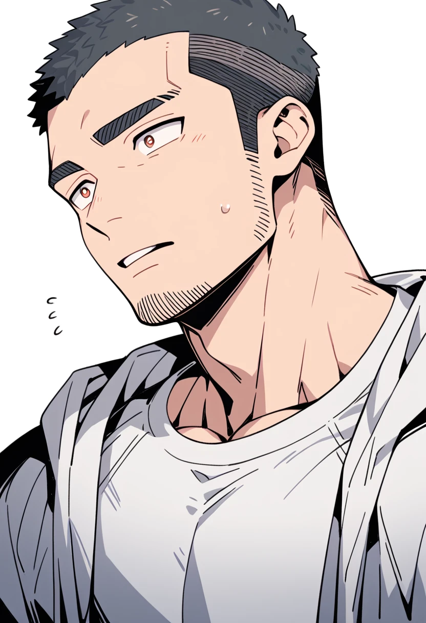 anime characters:Priapus, Muscle Sports Student, Buzz Cut, Manliness, male focus, Sports tight hooded sweatshirt, Very tight, full and perky chest muscles, muscular male, muscular, only, Upper body, alone, Black short hair, Thick eyebrows, stubble, Brown-red pupils, White background, simple background, amazing quality, best aesthetics, Ridiculous, crew cut, parted lips, flustered, endured face, negative space, best quality