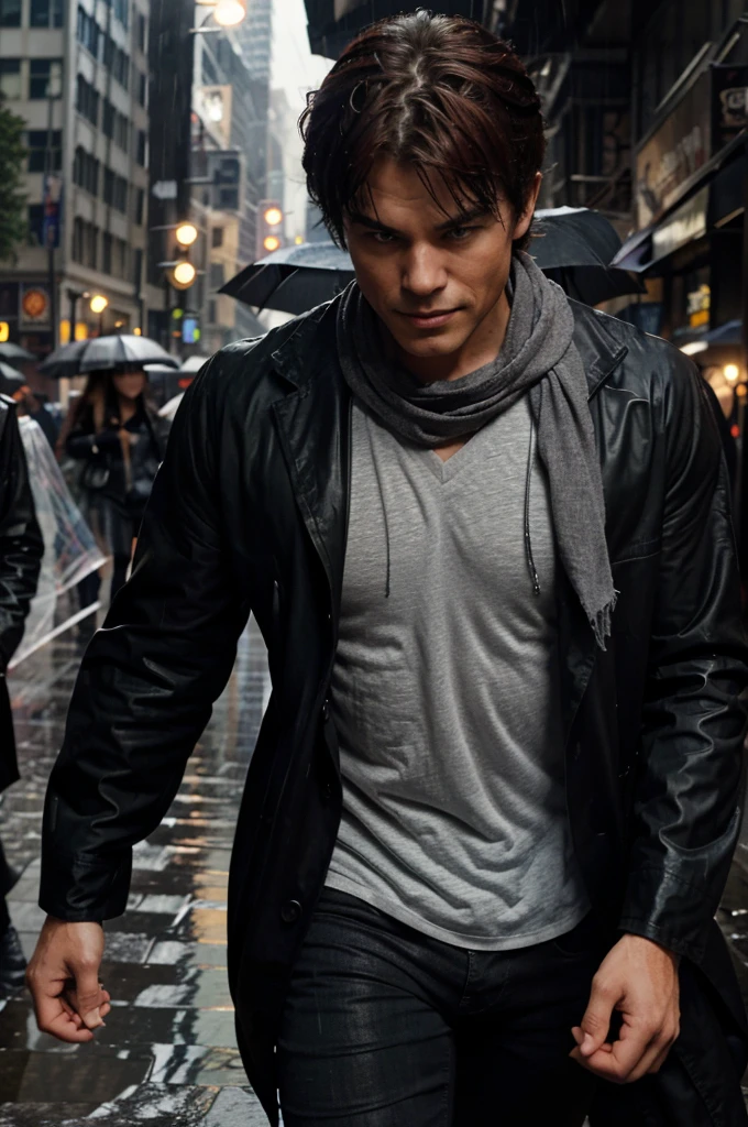 Damon Salvatore, a hot muscular gothic guy, walks down the bustling streets of Gotham City, the rain pouring down in heavy sheets. He spots a red-haired woman standing by a street vendor, struggling to juggle her coffee and umbrella. Damon quickly steps up, offering her a hand. "Need some help?" he asks, his charming smile making her pause. The rain continues to fall around them, creating a cocoon of intimacy amidst the city's chaos.