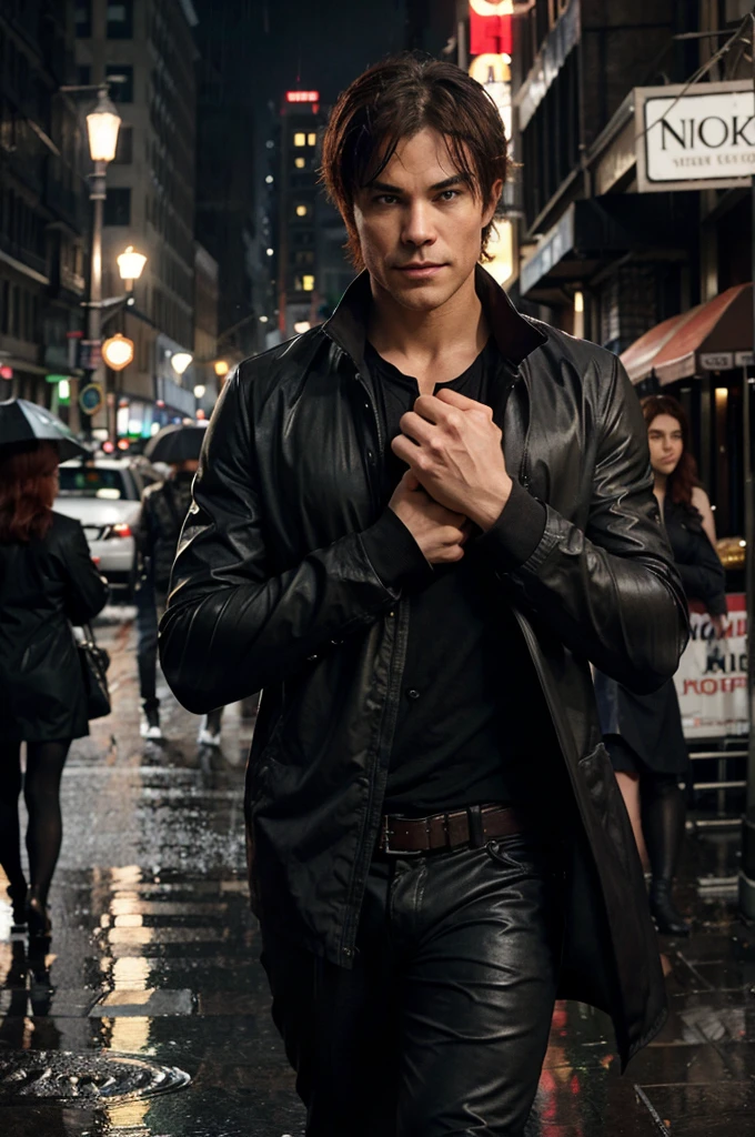 Damon Salvatore, a hot muscular gothic guy, walks down the bustling streets of Gotham City, the rain pouring down in heavy sheets. He spots a red-haired woman standing by a street vendor, struggling to juggle her coffee and umbrella. Damon quickly steps up, offering her a hand. "Need some help?" he asks, his charming smile making her pause. The rain continues to fall around them, creating a cocoon of intimacy amidst the city's chaos.