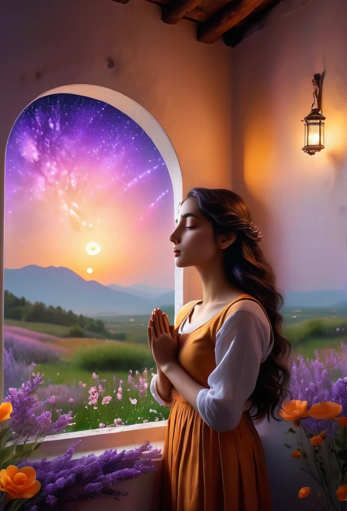 Windows in Roman architectural style,Girl standing by the window,The scenery outside the window,Looking out from the window,vast landscape photos, (A view of the sky and the wilderness below), Standing in the flower field and looking up, (full moon: 1.2), (meteor: 0.9), (nebula: 1.3), distant mountains, The art of tree folding, (Warm light source: 1.2), (firefly: 1.2), lamp, purple and orange, intricate details, Volumetric lightingBREAK (masterpiece: 1.2), (best quality ), 4K, Super detailed, (Dynamic configuration: 1.4), Highly detailed and colorful details (iridescent: 1.2), (sparkling lights, mood lighting), fantastic, magic, (alone: 1.2) Punjabi Girl Praying With Folded Hands.