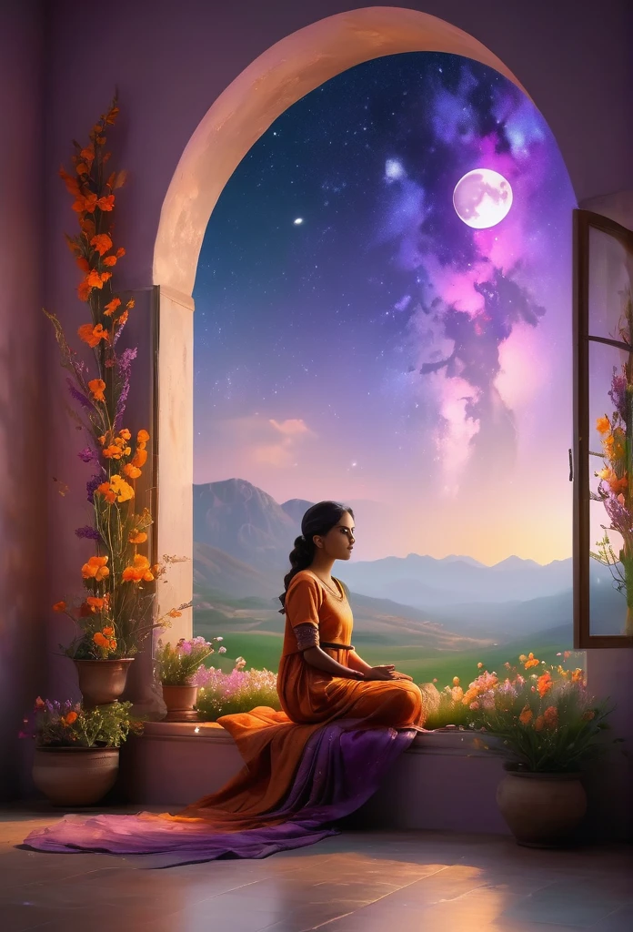 Windows in Roman architectural style,Girl standing by the window,The scenery outside the window,Looking out from the window,vast landscape photos, (A view of the sky and the wilderness below), Standing in the flower field and looking up, (full moon: 1.2), (meteor: 0.9), (nebula: 1.3), distant mountains, The art of tree folding, (Warm light source: 1.2), (firefly: 1.2), lamp, purple and orange, intricate details, Volumetric lightingBREAK (masterpiece: 1.2), (best quality ), 4K, Super detailed, (Dynamic configuration: 1.4), Highly detailed and colorful details (iridescent: 1.2), (sparkling lights, mood lighting), fantastic, magic, (alone: 1.2) Punjabi Girl Praying With Folded Hands.
