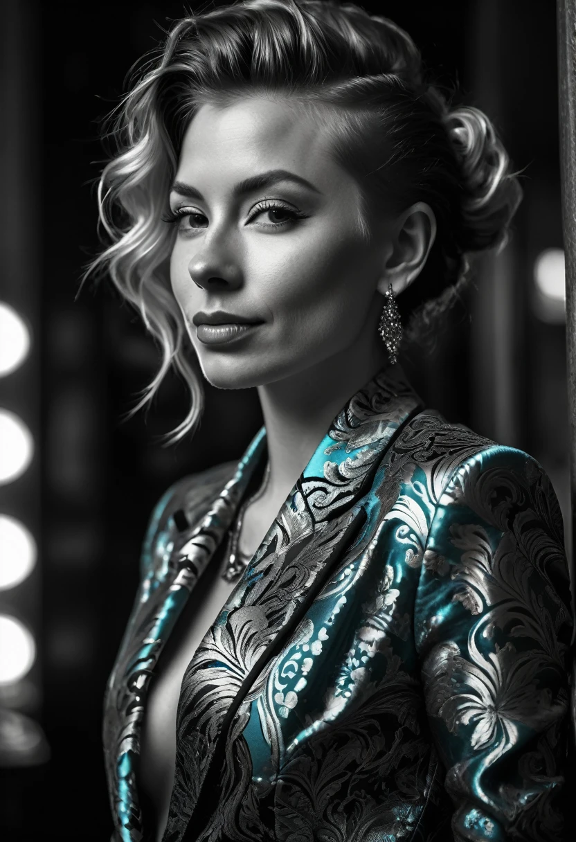 Ultra detailed, intricate detail, cinematic photo. intense backlight. Chiaroscuro. Beautiful face, intricate. Night in new york. Black and white, b&w, golden hour. Award winning monochromatic photograph in extreme low angle full body portrait of shy smile, playful, strong Beautiful punk rock woman in very ornate tight teal suit, Cleavage,. Posing smiling. Undercut, shaved redhead. Caravaggio style. Vermeer, Goya, Caravaggio. Cleavage.