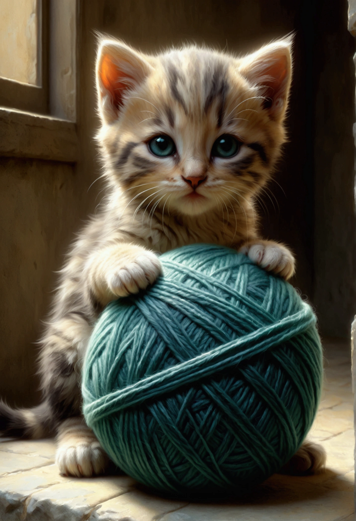 Cute kitten hugging a ball of yarn,photograph,The kitten is obsessed with balls of yarn,A dreamlike and lovely sight,Happiness,Fluffy cat,Fluffy ball of yarn, stone＝Art by Auguste Renoir and Jeremy Mann, (Viewpoint angle:1.2), Realistic, Ray Tracing, Beautiful lighting,masterpiece