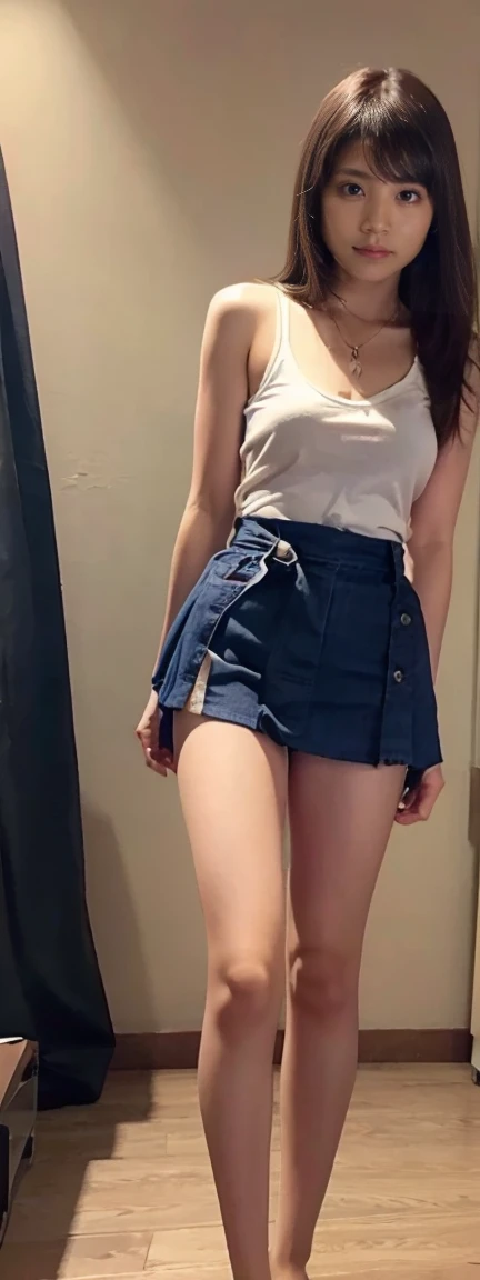 Open shirt, (((Leaning forward))), ((,Round face, Around ,mini skirt、Loose fitting tank top)), Long Hair, , Natural Makeup, Lips become thicker, Sexy Gaze, barefoot, ((Raise one leg)), Shooting from below,Gentle expression ,((Extremely precise and accurate anatomy)), (masterpiece:1.43), Perfect Proportions, Realistic photos, Full Shot, whole body, (height: 165cm),