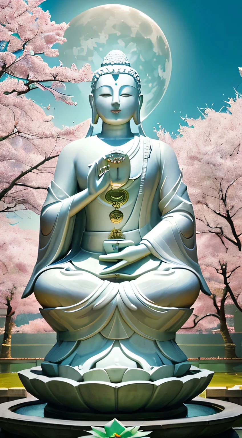 (masterpiece),(highest quality),(super detailed), (Buddha statue), (body:1.2), 1 guanyin, guanyin, One, Hand Cloth, cross One's hands, put your hands together, bright white, floating in a powerful zen state, with lotus flowers, white skin, Amitayus, sitting on a lotus flower, Holding hands and chanting the Buddha's name, huge moon, temple, Wearing clothes, white skin, round face, kind, kind, look, Mountain, wood, cherry blossoms, forest, bird, cloud, dew, green, white skin, white pink, (beautiful detailed face), (surrealism), (close your eyes),