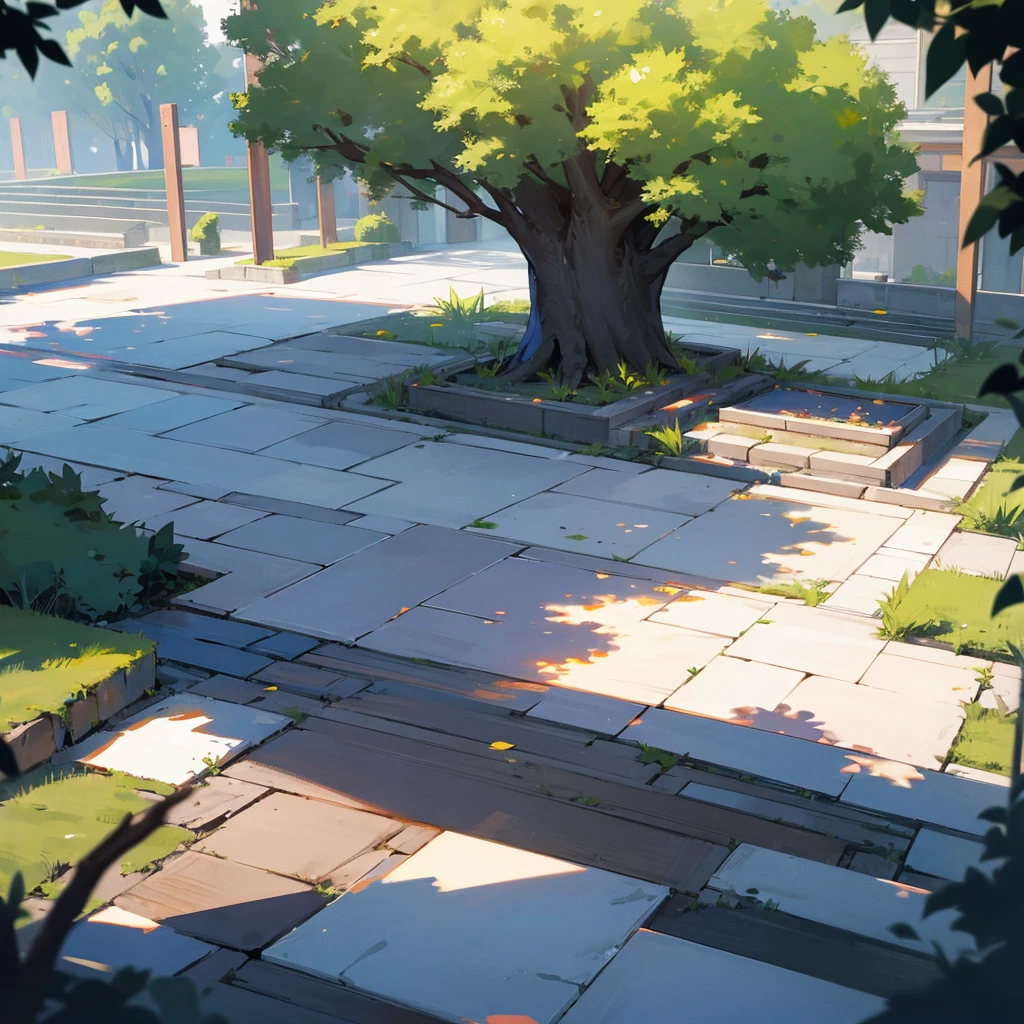 School, background, centered, stone paving, add few trees and bushes, noon, ultra HD