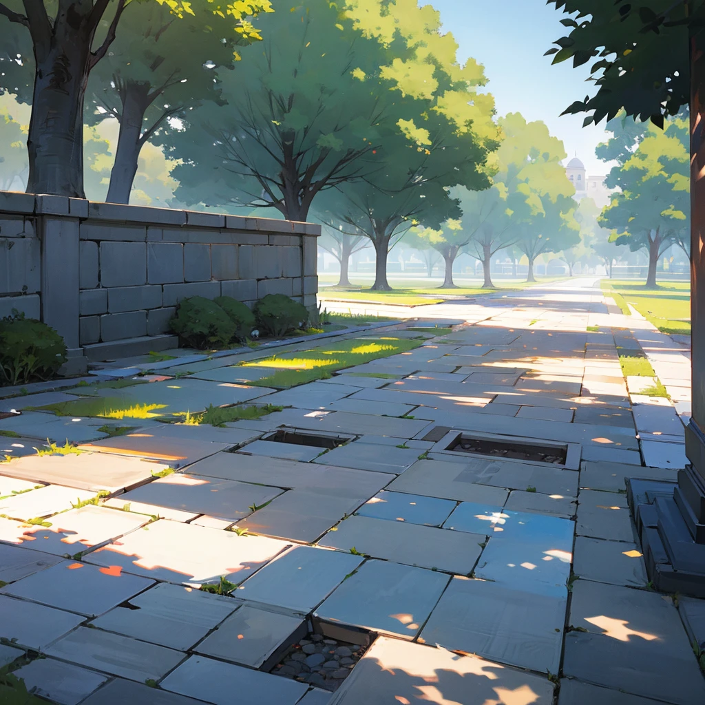 School, background, centered, stone paving, add few trees and bushes, noon, ultra HD