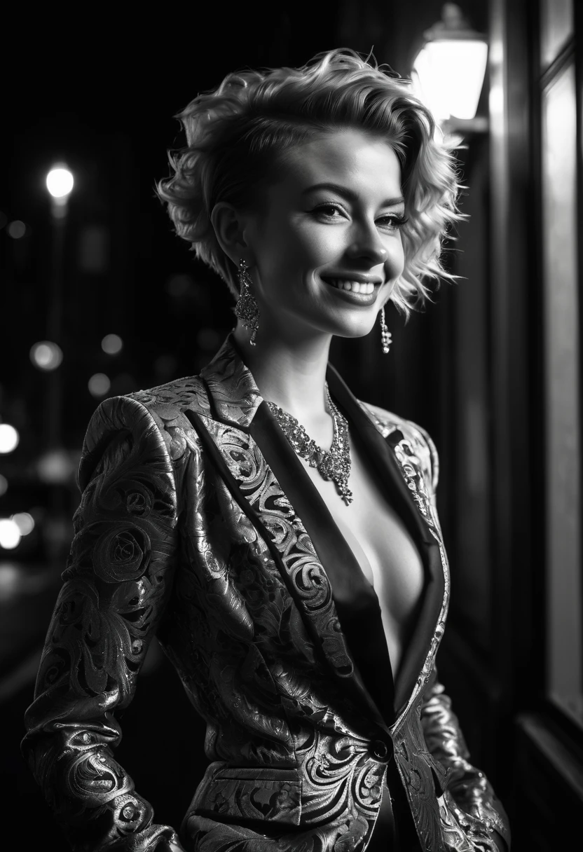 Ultra detailed, intricate detail, cinematic photo. intense backlight. Chiaroscuro. Beautiful face, intricate. Night in new york. Black and white, b&w, golden hour. Award winning monochromatic photograph in extreme low angle full body portrait of shy smile, playful, strong Beautiful punk rock woman in very ornate tight teal suit, Cleavage,. Posing smiling. Undercut, shaved redhead. Caravaggio style. Vermeer, Goya, Caravaggio. Cleavage.
