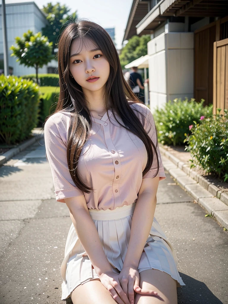 pedestrian walkway,RAW photos,8k,HighestQuali, Ultra-high resolution,Beautiful face details,Real human skin,Blushing and shy expression,leaning-forward,up front view,From the angle below,Long hair with a shawl,realisticlying,realisticlying,adolable,short skirt,Stand deep in the city,cute female student,Japanese uniform,Wearing a Japanese ,Uniforms,Surreal high school girl,full bodyesbian,