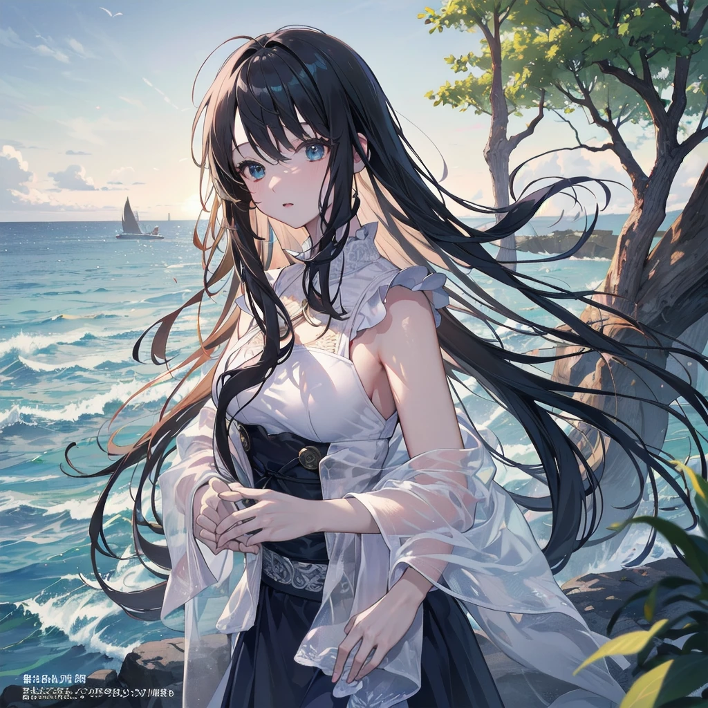 (Highest quality、masterpiece、High resolution、8k)、Vibrant colors、1 female、Long black hair、whole body、barefoot、thin、(Detailed face、Beautiful Eyes、Beautiful Nose、Pretty lips)、A woman in a white dress jumps high、Official Art、The background is the sea、blue sky、Wide sandy beach、Wide forest、
