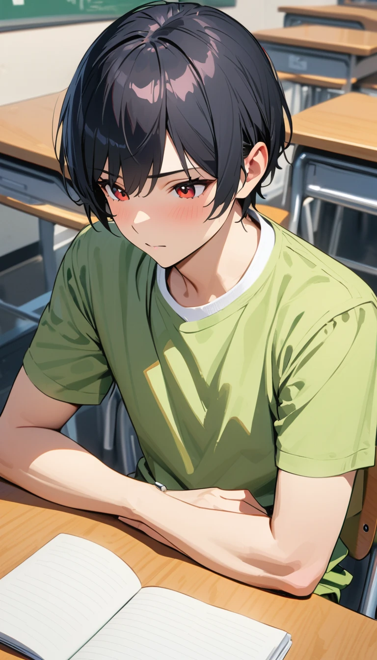 A man,Black short hair,Taking classes at a university,is writing in a notebook on the desk,Sitting,In the university classroom,modern, Verism, masterpiece, textured skin, super detail, best quality, 4K