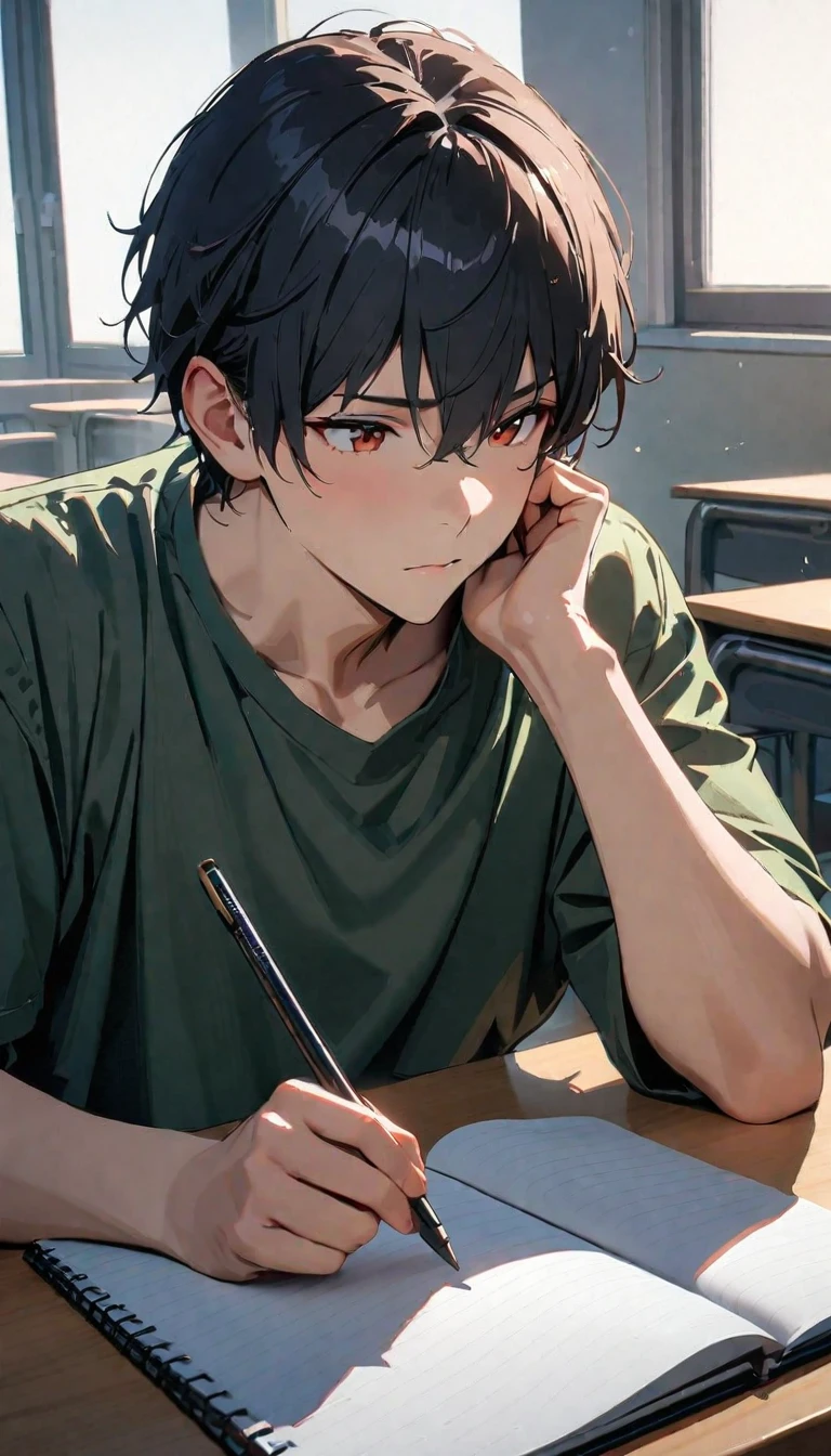 A man,Black short hair,Taking classes at a university,is writing in a notebook on the desk,Sitting,In the university classroom,modern, Verism, masterpiece, textured skin, super detail, best quality, 4K