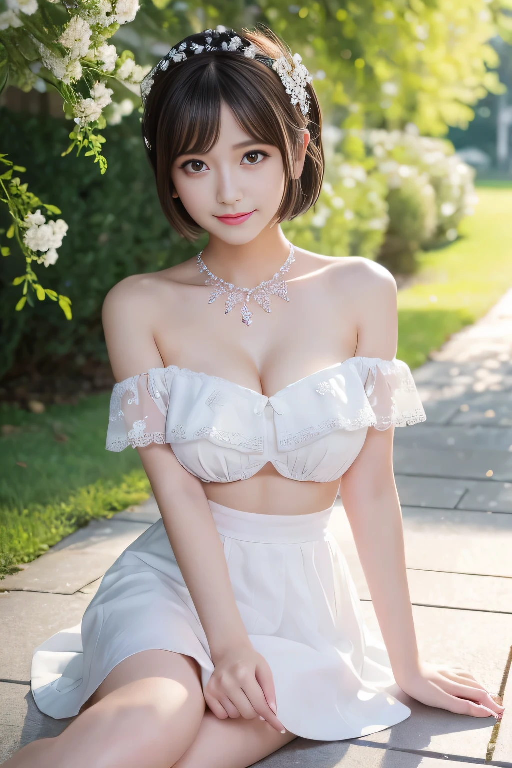Haruhi Suzumiya, 1girl,love live!,love live! sunshine!!,hazuki ren,tareme,yellow eyes,black hair,ponytail,white ribbon,medium breasts, realistic, beautifully painted, feet out of frame, looking at viewers, focus on the girl, holding, grace, slender waist, woman, 20 years old, black short hair, bob haircut, Air bangs, eyes visible through hair, hair over shoulder, detailed black hair, floating hair, delicate and delicate face, seductive smile, complex details beautiful and delicate eyes, pink ear, Slightly open mouth, bare shoulders, delicate hands, cleavage cutout, Bare navel, perfect and delicate limbs, light brown eyes, Smooth skin, Beautiful accessories, beautiful hair ornaments, piercing, feathers on dress, white clock, sleeveless dress, off-shoulder jacket, white skirt, white footwear, overexplosure, strapless, Bare thigh, plaid print cloth, white Clothes, outdoors, blue background, Ink dyeing, sparkle, Flying petals, wallpaper 8k CG, extremely detailed, original,