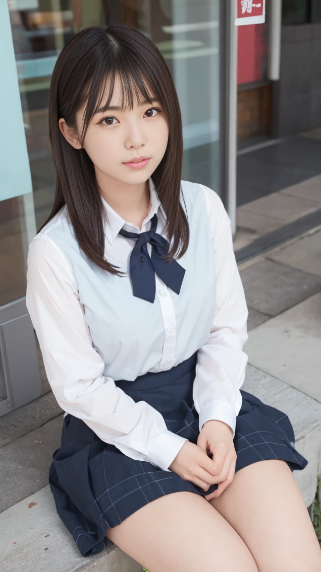 (((alone))),(((1 Girl))), beautiful, shape, Highly detailed skin, masterpiece, Highest quality, Highly detailed face, Vibrant colors, Written boundary depth, Cinema Lighting,, One Girl, alone, Brown eyes, Brown Hair, hair ornaments,Long Hair,Green Check Skirt,, White shirt, ,masterpiece Highest quality 高解像度、, Long Hair, Sit with your knees bent、eight-headed body、beautiful足 、On campus、As if looking up from below、Embarrassing,Browsing Caution,Camel Toe