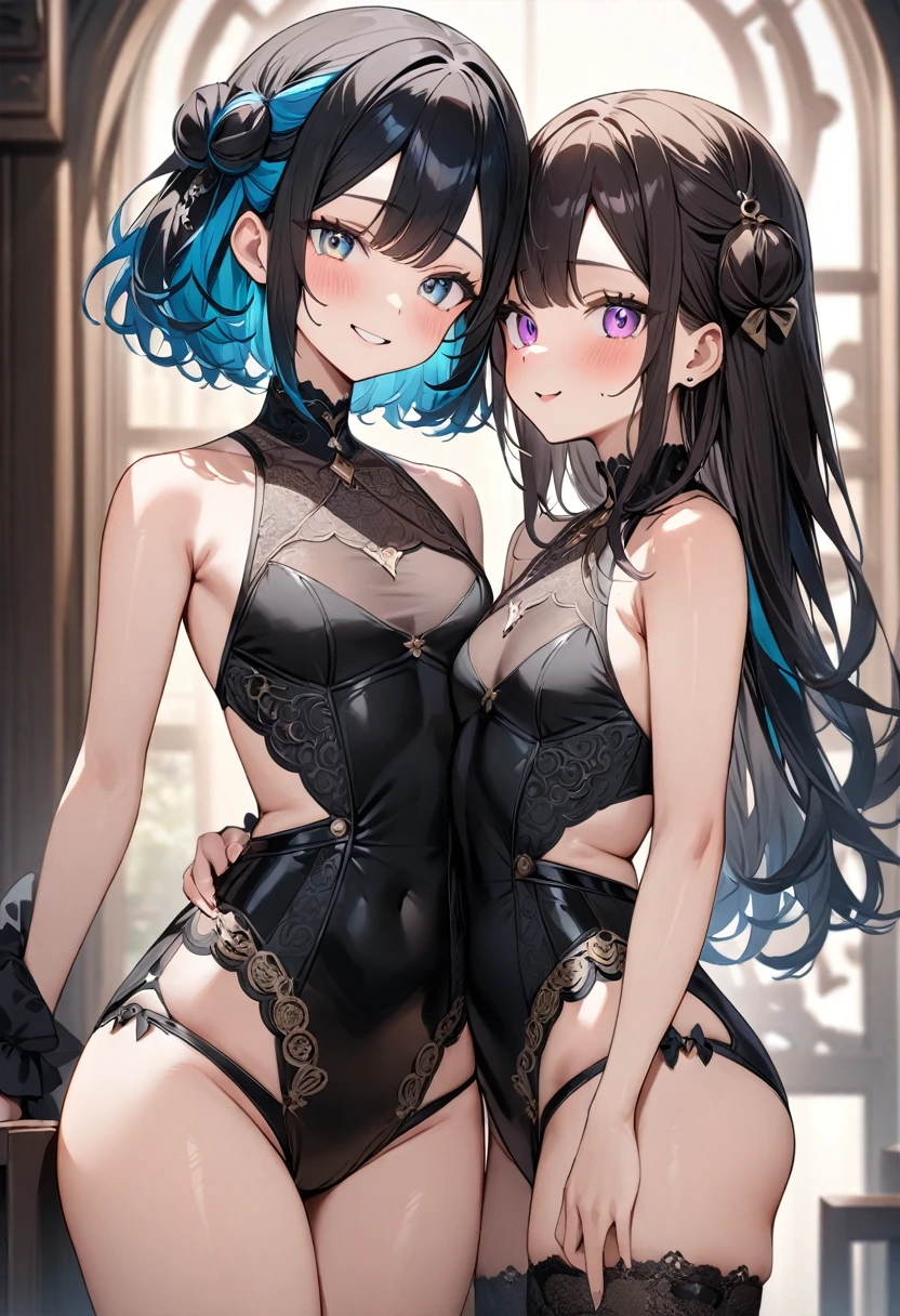 (masterpiece, top quality, very aesthetic, 4k、illustration), intricate detail, 2girls,Standing 、(cowboy shot)、Randomsmile、()、,
Cute 、Random Hair Color、,middle hair,sidelock ,Random Color　eyes、Random clothes、small breasts、Slim 、