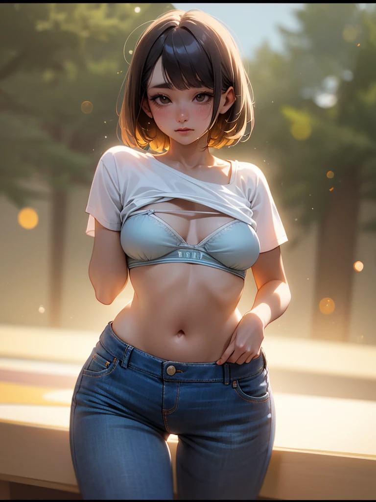 (Sumilux f1.4 50mm , low Latitude old color negative film , cross process , bokeh, flare, chromatic aberration , soft focus, (Shallow focus) , soft glow , Maximum aperture, High Key , Transparent depiction) , clothed erotica , Satyr woman, butter face, saggy melons , transparent T-shirt , Jeans , Roll up the bottom of T-shirt , show off bra