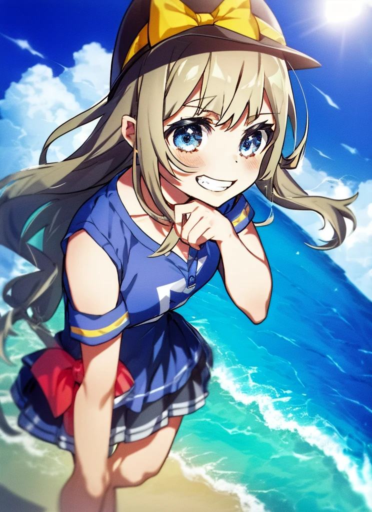 1girl, grin, ribbon, Cumulonimbus, buzzer, Ocean, , short sleeve shirt, from above, cowboy shot