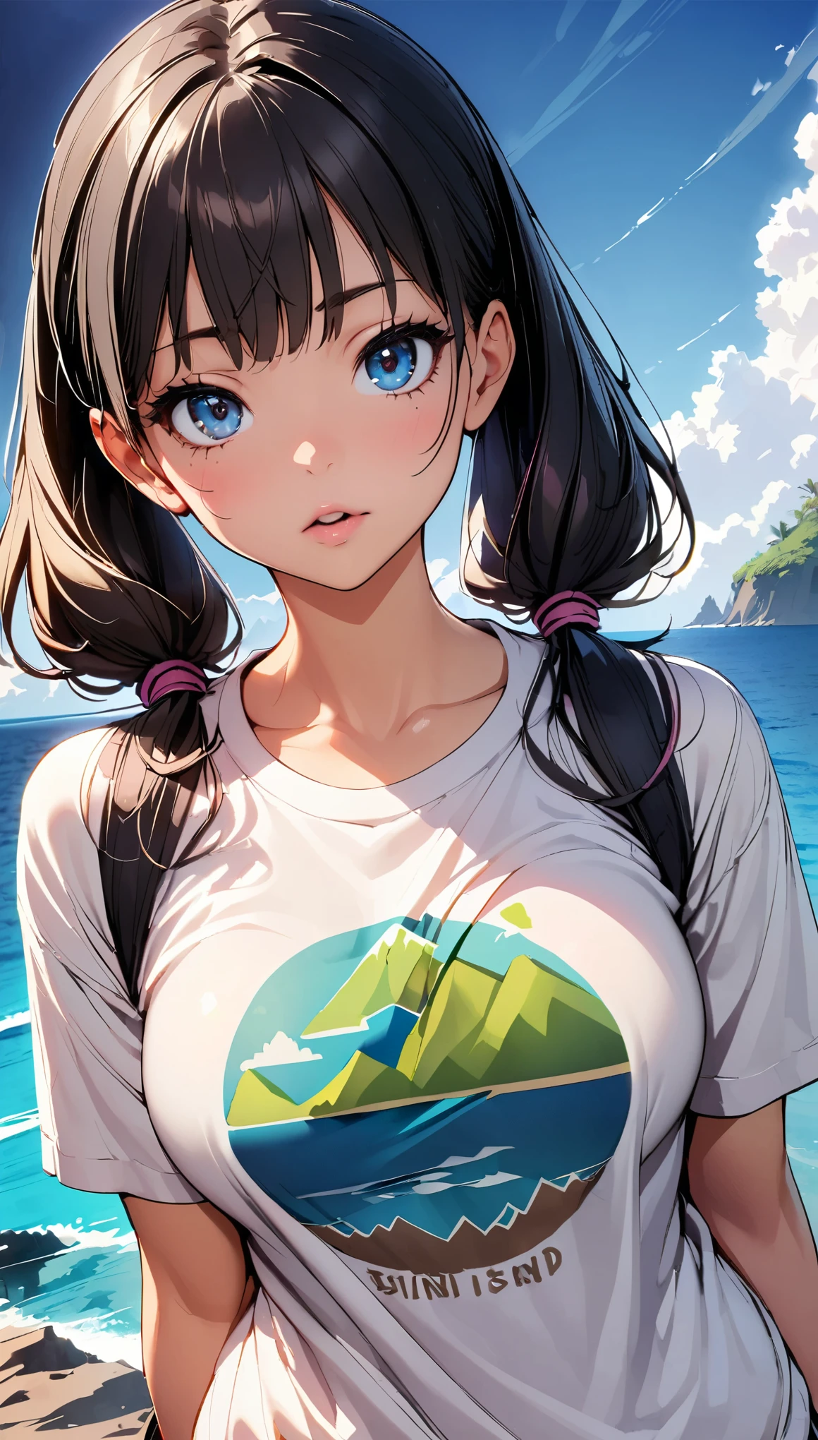 (1 girl), JK, (Printed T-shirt, ((A shirt with an illustration of a mysterious island printed on it:1.4))), (Black hair twin tails), Dynamic Angle, Friendly atmosphere, Beautiful Hair, Shiny Hair, Beautiful Skin, Detailed face and eyes, Glossy Lips, Place your hands behind your back., Chest puffing pose, Front view, Plain background, Background Blur. (Highest quality:1.2, Very detailed, Beautiful illustrations, High Detail, masterpiece:1.2, Best aesthetics), 
