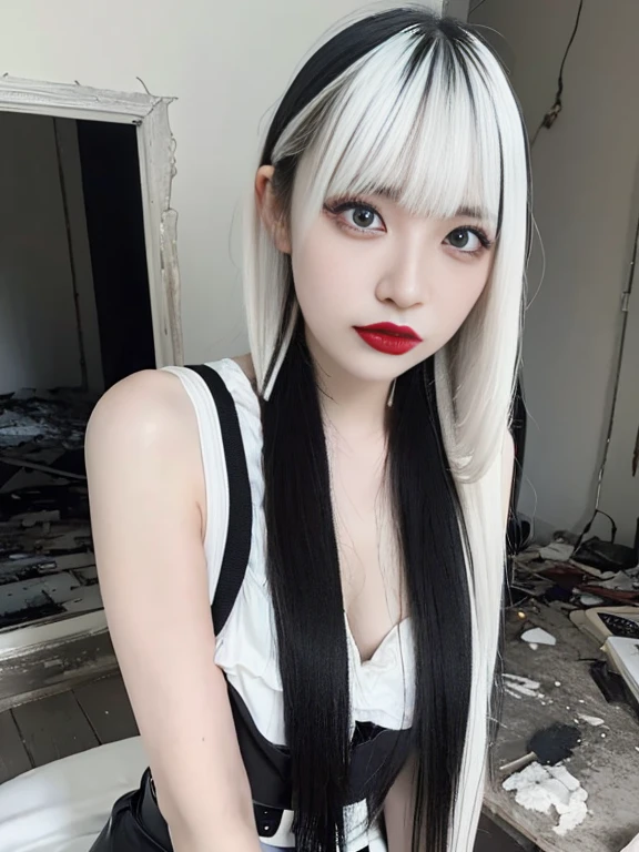 raw photo, 8k, (top-quality), Realistic, (real picture, Intricate details), (natural skin texture, detailed skin, hyper realism, sharpness), (Japanese ******* girl standing in an abandoned apartment building), ((jirai fashion with black and white:1.6)), (pale skin:1.2), slender body, ((white hair, long straight hair, blunt bangs)), (seductive face, provocative look, Parted lips:1.3),(droppy big eyes,eye shadow, eyeliner, tear bag, red lipstick), thigh, dusty room, cracked wall, Pile of rubble:1.3, spot lighting:1.3, cowboy shot