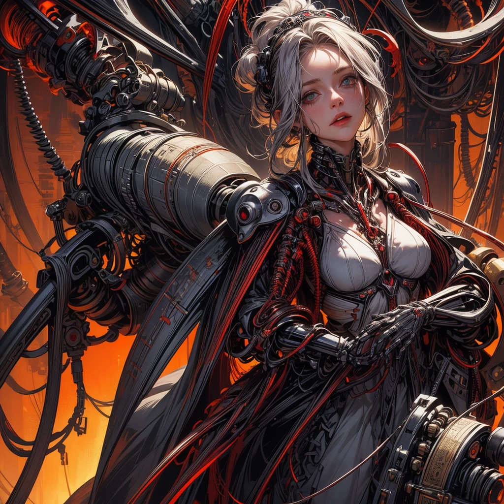 (((masterpiece))), ((Highest quality)), (Super Detail), (CG illustration), (So evil and beautiful)), Cinematic Light, ((1. Mechanical Girl)), single, (Mechanical Arts: 1.4), ((Mechanical Limbs)), (Blood vessel attached to a tube), ((Mechanical spine attached to the back)), ((Mechanical cervical vertebrae attached to the neck), (Back to viewers)), Expressionless, ( Wires and cables connected to the head and torso: 1.5), sf, Apocalypse, What&#39;s left behind, (Lower body integrated with mechanical device), (Blood: 1.5), Cruelty, Confused, eroticism, Integration with machines, The End Times, Super Future, Inorganic, Research Room, constrained, (Beautiful luxury: 1.2), (1 girl: 1.3), A body wrapped in mechanical tentacles