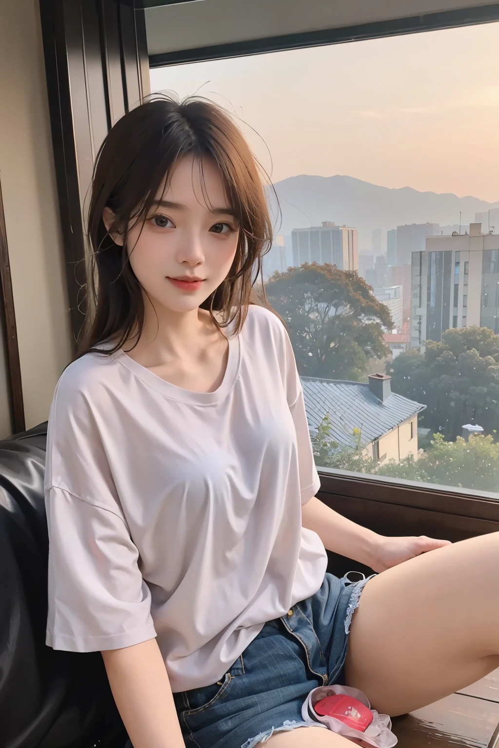 ((best quality)), ((masterpiece)), (detailed), there is a couple(boy and girl) was sitting relaxing on the terrace of the house while enjoying coffee and snacks, wear casual shirts at home, green and expansive natural views as well as blue skies and mountains, lighting in the morning sunrise, aesthetic.