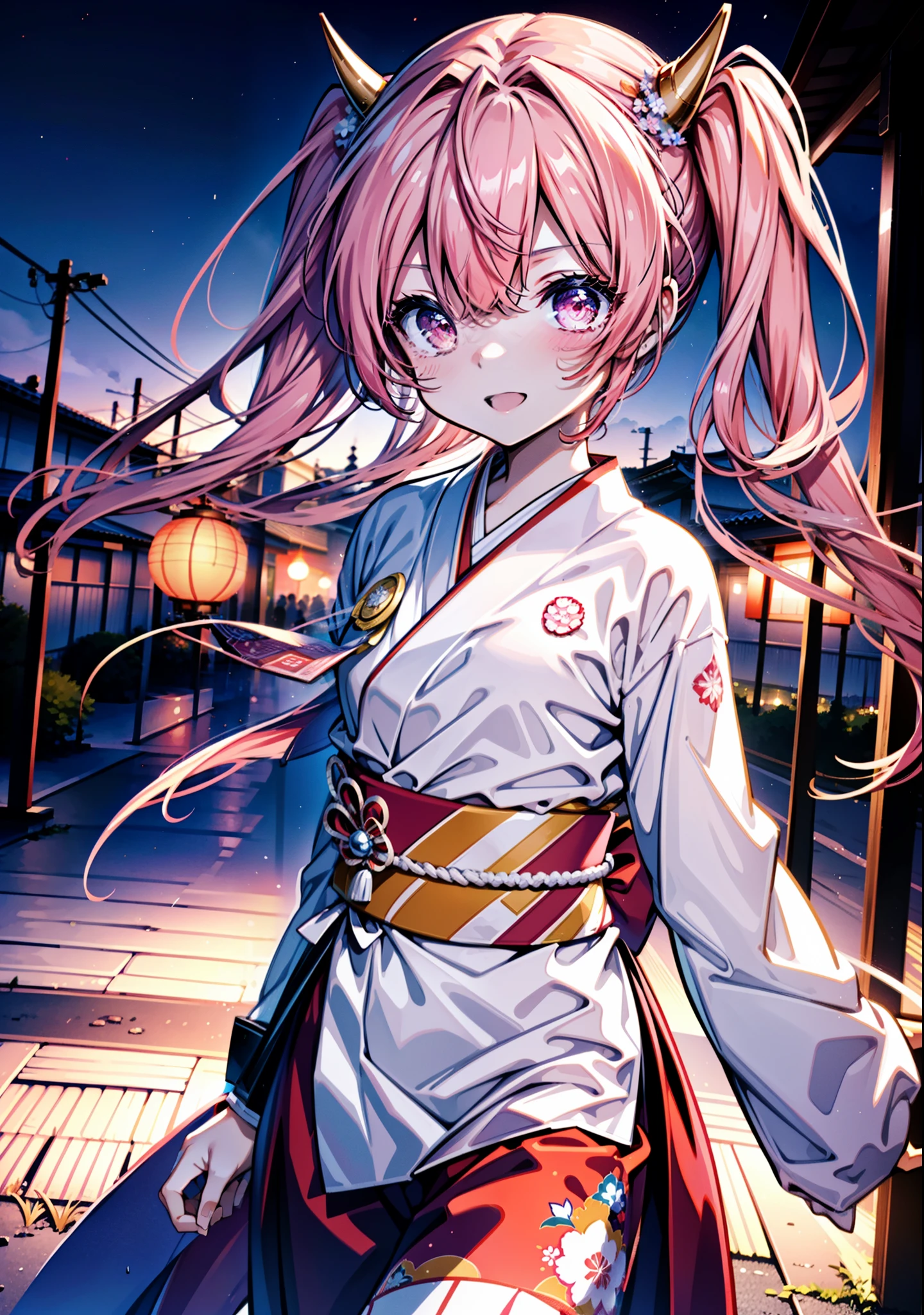 Aria h kanzaki,horn,Pink Hair,Long Hair,low Twin tails,小さいhorn,Red eyes,happy smile, smile, Open your mouth,pink kimono,Thick sleeves,日本のfestival,夏festivalの屋台,Red Lantern,night,night空のfirework,firework,場所はfirework大会,時間はnightです,sunny day, break looking at viewer, Upper Body, (Cowboy Shot:1. 5),
break outdoors, festival,shrine,
break (masterpiece:1.2), Highest quality, High resolution, unity 8k wallpaper, (shape:0.8), (Beautiful attention to detail:1.6), Highly detailed face, Perfect lighting, Highly detailed CG, (Perfect hands, Perfect Anatomy),
