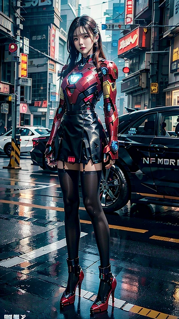 Beautiful Iron Man，Full body portrait，Wear a short skirt，Black pantyhose，Wearing high heels，Cyberpunk，Night，Hyperrealism，Neon Street，Ray Tracing，masterpiece，Light and Shadow，Fine drawing