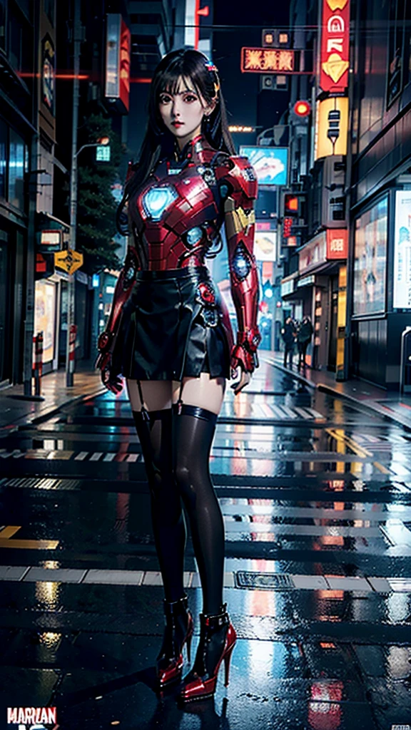 Beautiful Iron Man，Full body portrait，Wear a short skirt，Black pantyhose，Wearing high heels，Cyberpunk，Night，Hyperrealism，Neon Street，Ray Tracing，masterpiece，Light and Shadow，Fine drawing