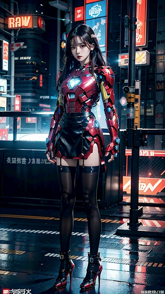 Beautiful Iron Man,Full body portrait,Wear a short skirt,Black pantyhose,Wearing high heels,Cyberpunk,Night,Hyperrealism,Neon Street,Ray Tracing,masterpiece,Light and Shadow,Fine drawing