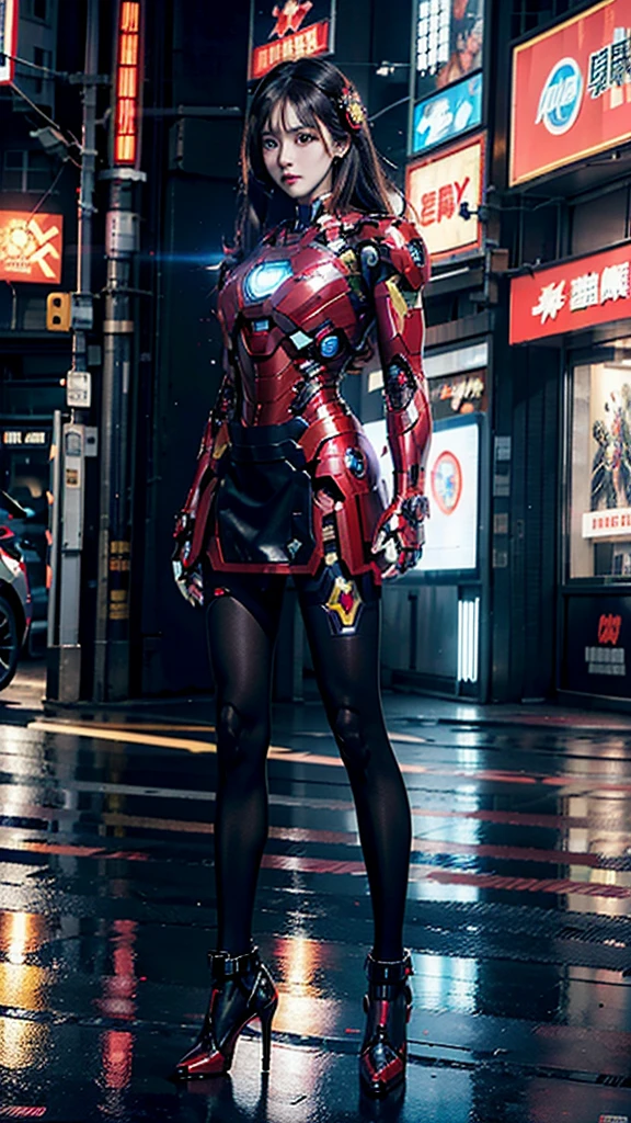 Beautiful Iron Man，Full body portrait，Wear a short skirt，Black pantyhose，Wearing high heels，Cyberpunk，Night，Hyperrealism，Neon Street，Ray Tracing，masterpiece，Light and Shadow，Fine drawing