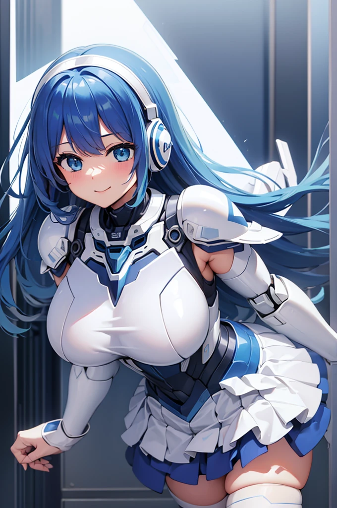 Mecha Wings、White and blue skirt、Accentuated thighs、White tights、chest、Beautiful blue hair、1 girl、solo girl、Thick thighs、IS、Frame Arms Girl、Alice Gere Aegis、White Armor、Blue and purple lines、income、headphone、hand on own chest、smile