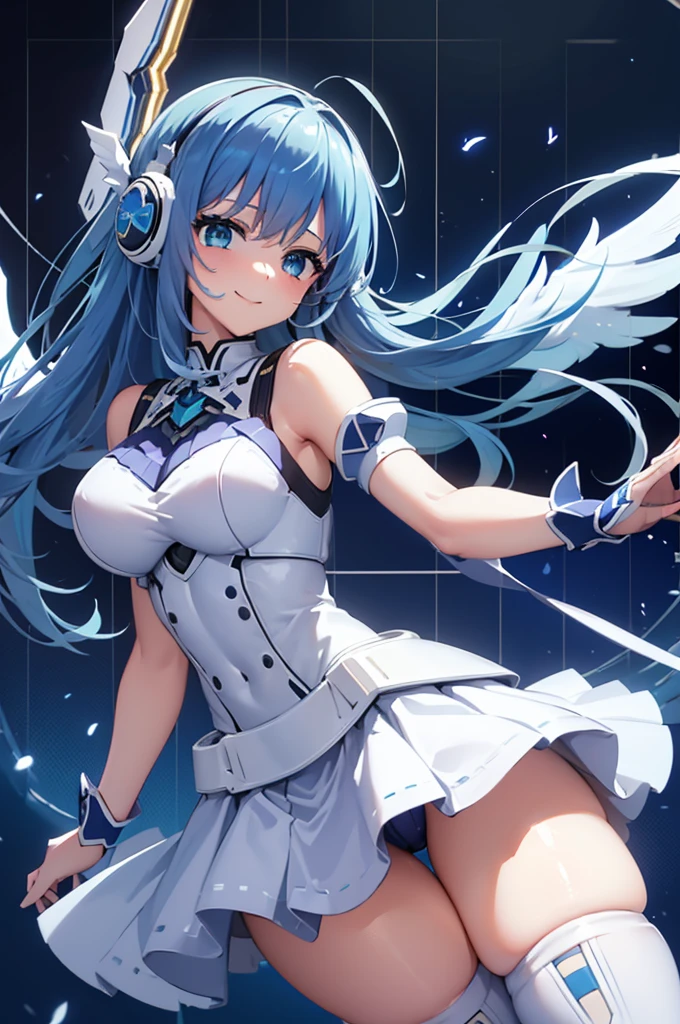 Mecha Wings、White and blue skirt、Accentuated thighs、White tights、chest、Beautiful blue hair、1 girl、solo girl、Thick thighs、IS、Frame Arms Girl、Alice Gere Aegis、White Armor、Blue and purple lines、income、headphone、hand on own chest、smile