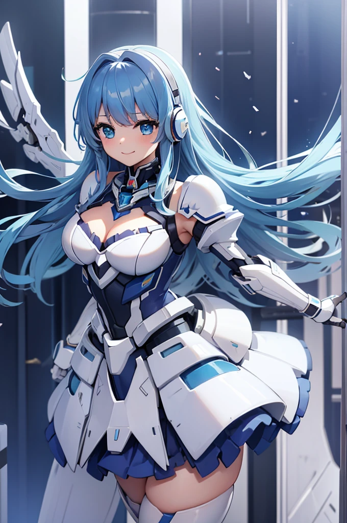 Mecha Wings、White and blue skirt、Accentuated thighs、White tights、chest、Beautiful blue hair、1 girl、solo girl、Thick thighs、IS、Frame Arms Girl、Alice Gere Aegis、White Armor、Blue and purple lines、income、headphone、hand on own chest、smile