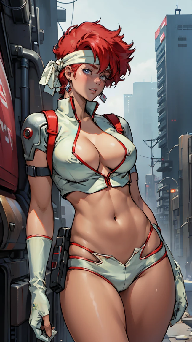 ((Masterpiece, highest quality; 1.3)), super quality, beautiful detail, super detailed, extra fine, 16K, exquisite, absurd, high resolution, beautiful background, detailed background, beautiful eyes, beautiful skin, anime style, Kay from Dirty Pair in a white outfit, tight outfit, cleavage, bushy redhead beauty, very light blue uniform, wearing tight clothes, skimpy, (mid chest: 1.2), cleavage, cleavage, slim waist , thin waist, slim thighs, thin legs, thigh gap, showing stomach, skinny, thin hips, cyberpunk city background, retro space gun holding, headband,