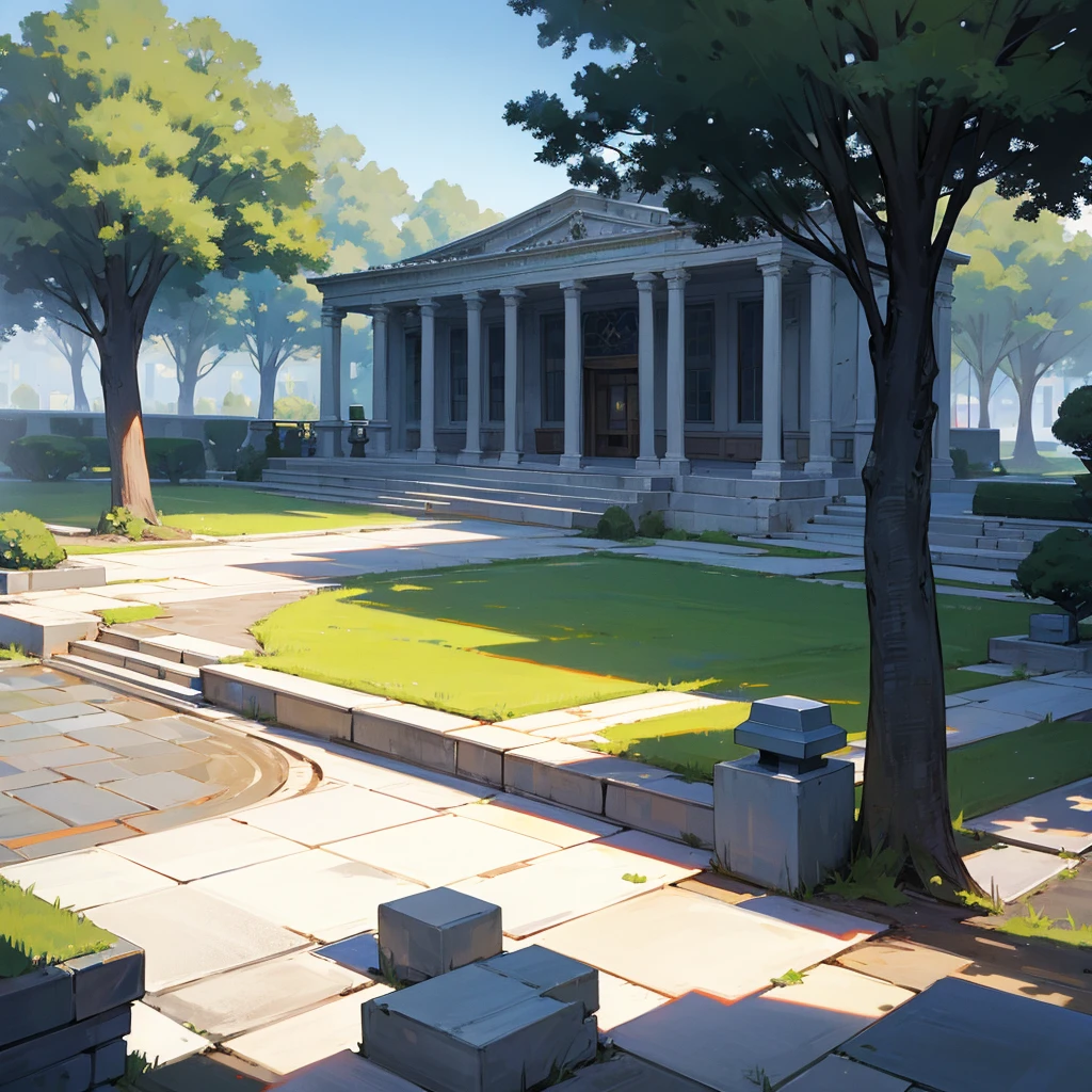School, centered, stone paving, add few trees and bushes around it, noon, ultra HD