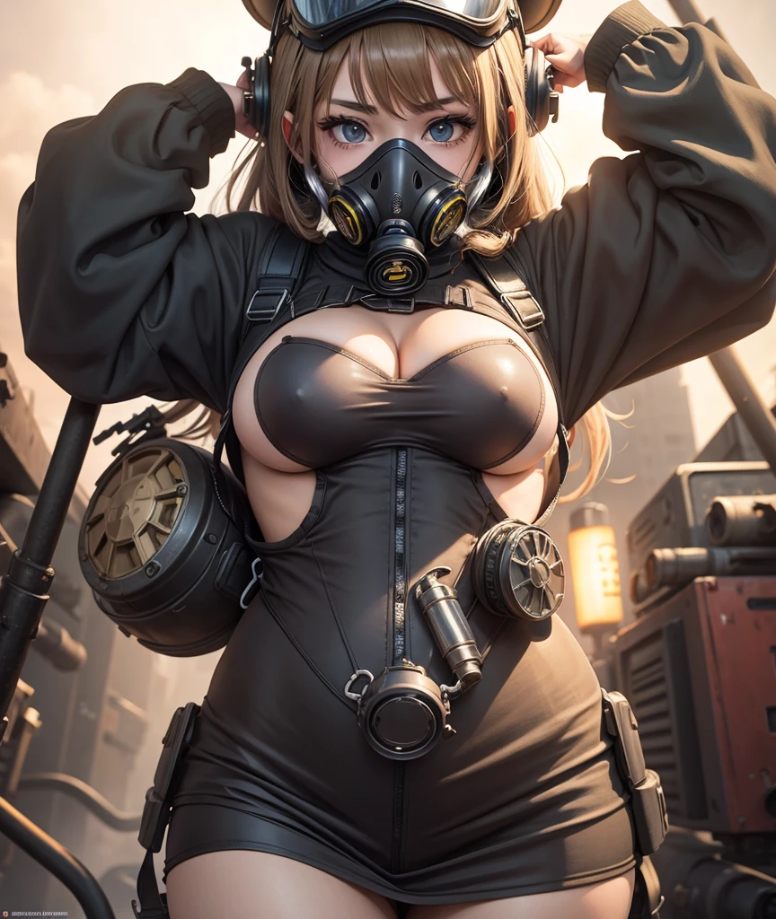Anime girl in gas mask, large and open breasts