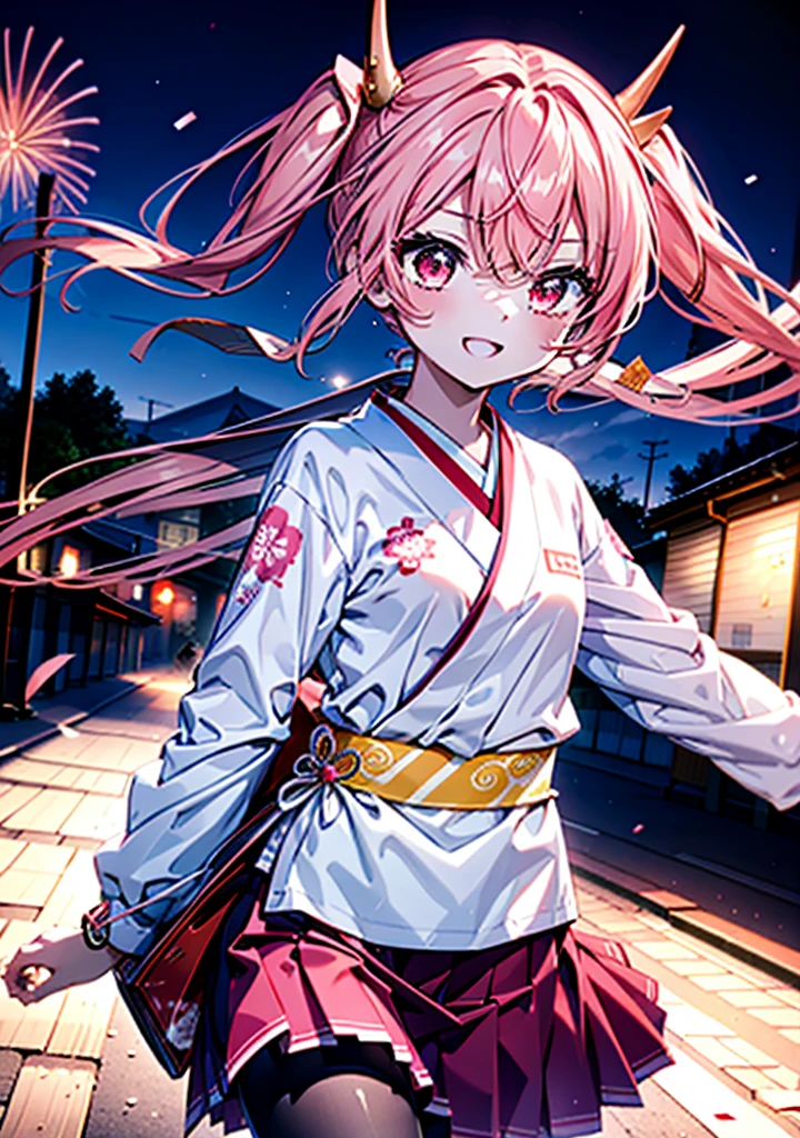 Aria h kanzaki,horn,Pink Hair,Long Hair,low 　Twin tails,小さいhorn,Red eyes,happy smile, smile, Open your mouth,pink kimono,日本のfestival,夏festivalの屋台,Red Lantern,night,night空のfirework,firework,場所はfirework大会,時間はnightです,sunny day,　　　　　　　　　　　　　　　  　　　　　break looking at viewer, Upper Body, (Cowboy Shot:1. 5),  　　　　　
break outdoors, festival,shrine,
break (masterpiece:1.2), Highest quality, High resolution, unity 8k wallpaper, (shape:0.8), (Beautiful attention to detail:1.6), Highly detailed face, Perfect lighting, Highly detailed CG, (Perfect hands, Perfect Anatomy),