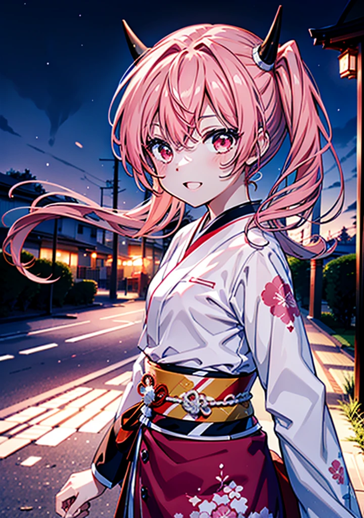 Aria h kanzaki,horn,Pink Hair,Long Hair,low 　Twin tails,小さいhorn,Red eyes,happy smile, smile, Open your mouth,pink kimono,日本のfestival,夏festivalの屋台,Red Lantern,night,night空のfirework,firework,場所はfirework大会,時間はnightです,sunny day,　　　　　　　　　　　　　　　  　　　　　break looking at viewer, Upper Body, (Cowboy Shot:1. 5),  　　　　　
break outdoors, festival,shrine,
break (masterpiece:1.2), Highest quality, High resolution, unity 8k wallpaper, (shape:0.8), (Beautiful attention to detail:1.6), Highly detailed face, Perfect lighting, Highly detailed CG, (Perfect hands, Perfect Anatomy),