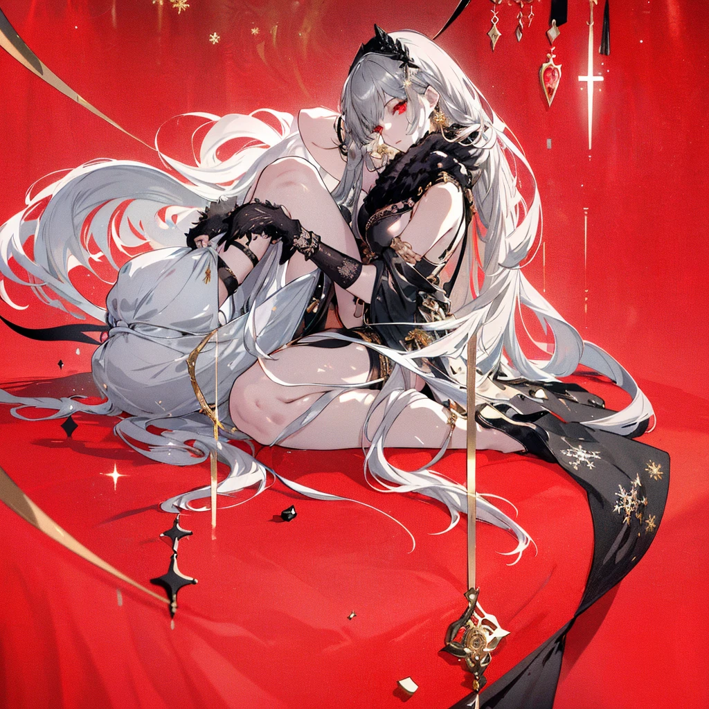 8k,High resolution RAW color art, Anime Art,Silver Marble Skin, (((Highly detailed elegant))), Detailed skin, texture,(Exquisitely crafted, The finer details, Ultra-detailed art), (((1 girl))), Depth of written boundary, Silky Touch, Hyper Detail, (((Cool face))), eye shadow、Armed women, Beautiful detailed red eyes, Beautiful lip detail, Highly detailed face, Delicate depiction of hair and eyes, Detailed Fashion, Golden Earrings,Full body depiction, Black half-top bra、Black shorts、Waist Cloak、black tights、Golden decoration, Gray Hair, Golden bracelet, Straight Hair、(((Hair)))、moonlight、Calm background、(((Black theme)))、Snowflake background、Side view、Kneeling