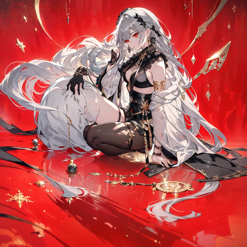 8k,High resolution RAW color art, Anime Art,Silver Marble Skin, (((Highly detailed elegant))), Detailed skin, texture,(Exquisitely crafted, The finer details, Ultra-detailed art), (((1 girl))), Depth of written boundary, Silky Touch, Hyper Detail, (((Cool face))), eye shadow、Armed women, Beautiful detailed red eyes, Beautiful lip detail, Highly detailed face, Delicate depiction of hair and eyes, Detailed Fashion, Golden Earrings,Full body depiction, Black half-top bra、Black shorts、Waist Cloak、black tights、Golden decoration, Gray Hair, Golden bracelet, Straight Hair、(((Hair)))、moonlight、Calm background、(((Black theme)))、Snowflake background、Side view、Kneeling