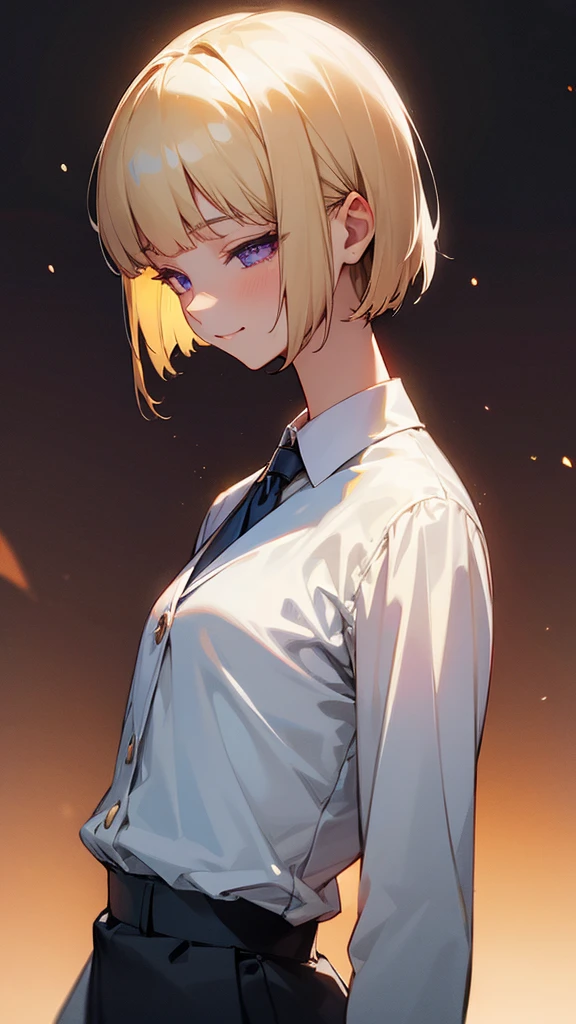 1 girl、8k、Sharp focus、(Bokeh) (Highest quality) (Detailed skin:1.3) (Intricate details) (anime)、(blonde)、short hair、Bobcut、Blunt bangs、Beautiful purple eyes、Slender body、From the side、Upper body close-up、White shirt、Black work trousers、Black Fitted Blazer、Calm face、Mouth closed、Cheeky Smile、Squint your eyes、Park in the background、sunset、Soft lighting.