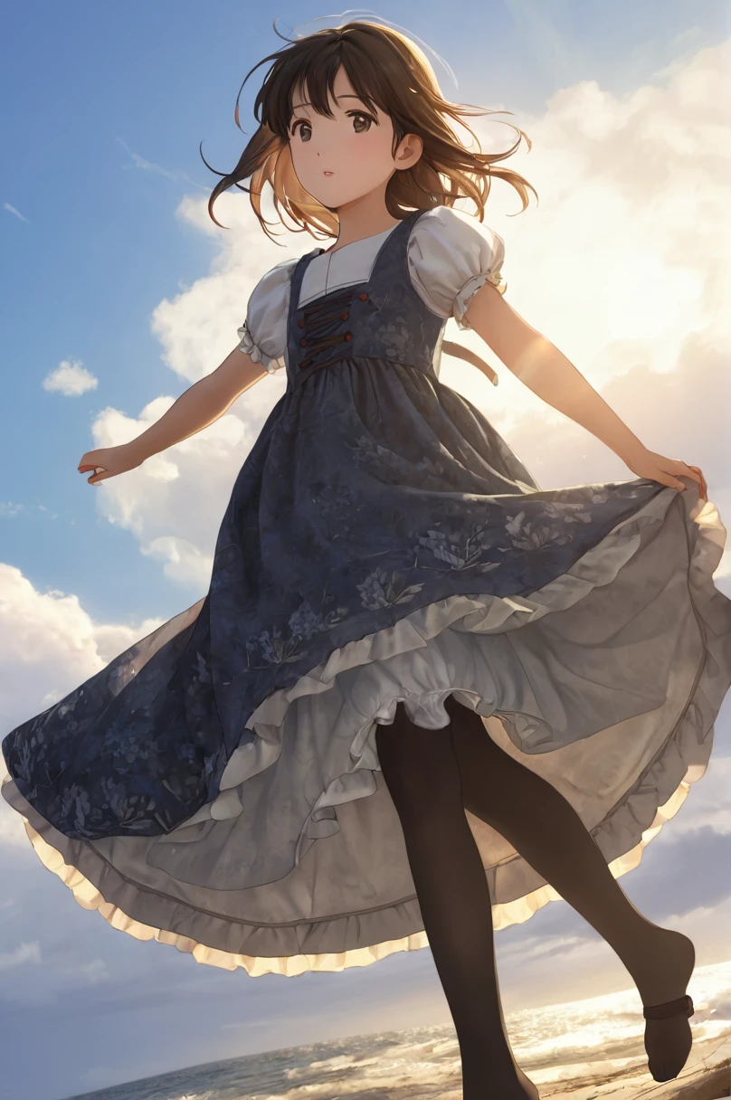10 year old girl underwear, Ayako Kuroba、Realistic bloomers made from patterned cotton fabric, Medieval one-piece dress with panniers, Fabric Realism, Low - Angle, I see bloomers, Pull up the dress by hand, Strong winds, Translucent slip, Translucent slip, tights, Highest quality, whole body