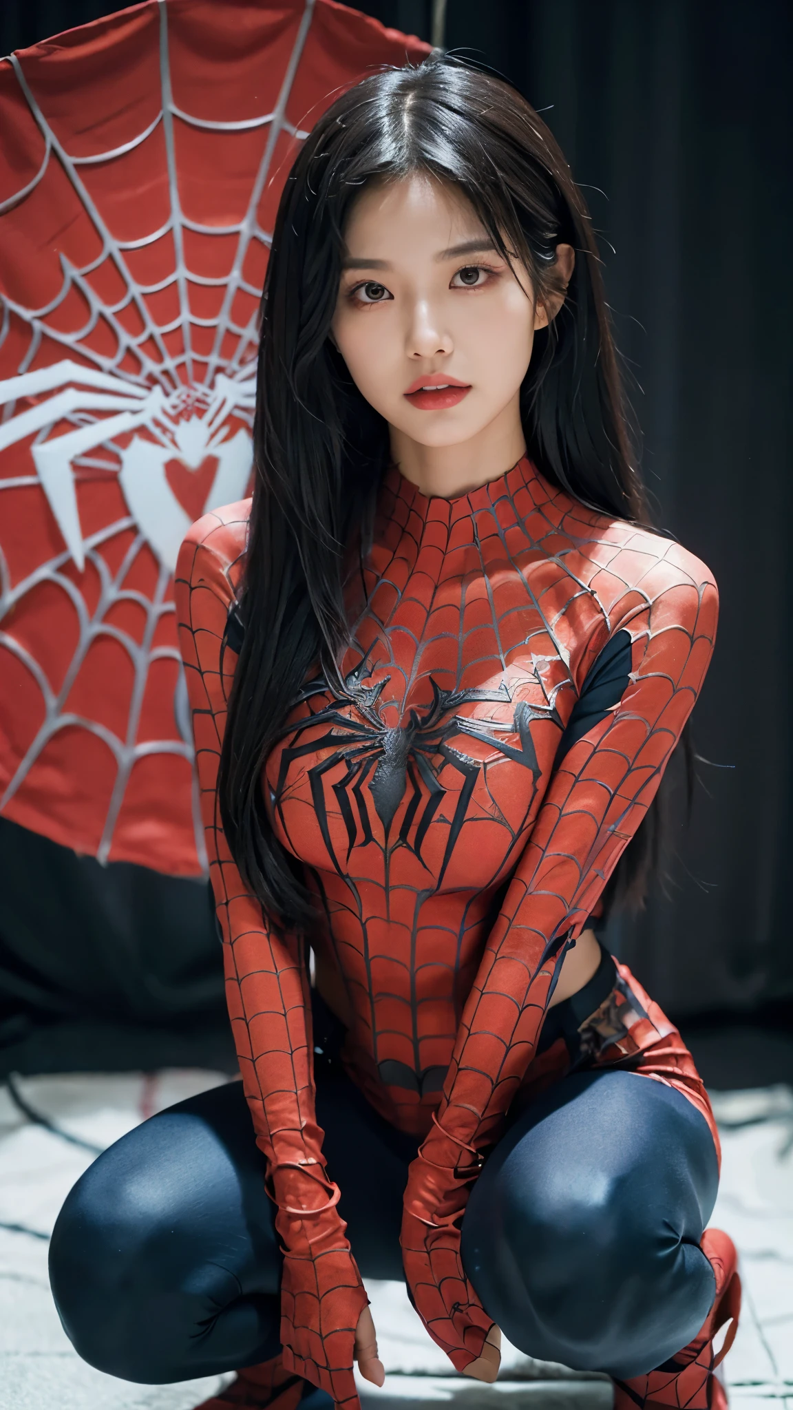 score_9,score_8_up,score_7_up,score_6_up, source_illustration, a cute thin asian girl with ((long black hair),  fit body, tight belly, sexy face, brown eyes, perfect eyes, slanted eyes, Silk from Spiderman costume, black and white costume, red bandana mask, red spiderweb accents on chest, ripped costume, exposed body, looking at viewer, squatting spiderman pose