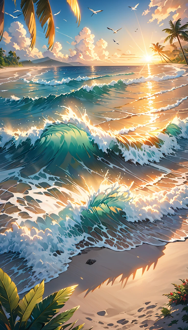 detailed ocean scenery, beautiful waves crashing on the shore, golden sunset over the sea, seabirds flying in the sky, sandy beach with driftwood, lush tropical plants and palm trees, crystal clear turquoise water, atmospheric lighting, photorealistic, highly detailed, vivid colors, cinematic composition, masterpiece