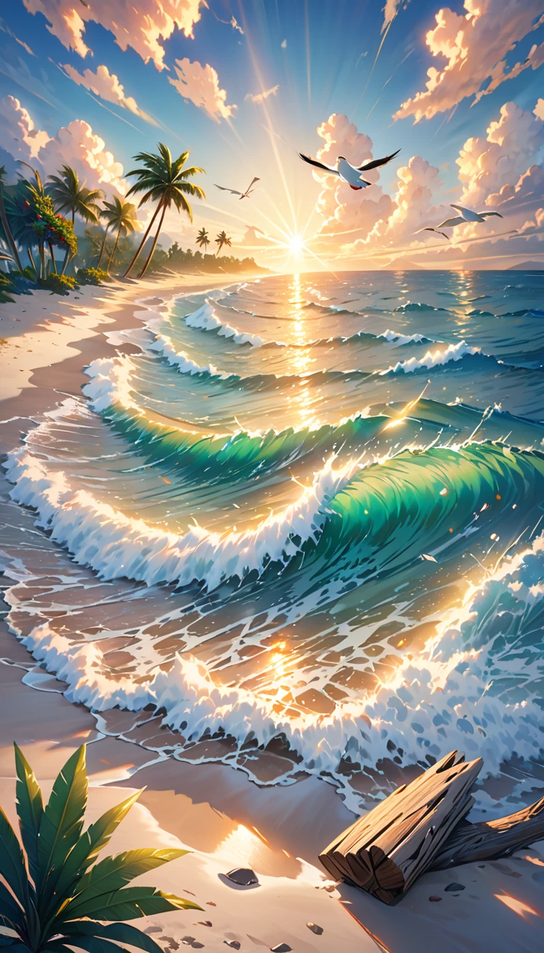 detailed ocean scenery, beautiful waves crashing on the shore, golden sunset over the sea, seabirds flying in the sky, sandy beach with driftwood, lush tropical plants and palm trees, crystal clear turquoise water, atmospheric lighting, photorealistic, highly detailed, vivid colors, cinematic composition, masterpiece